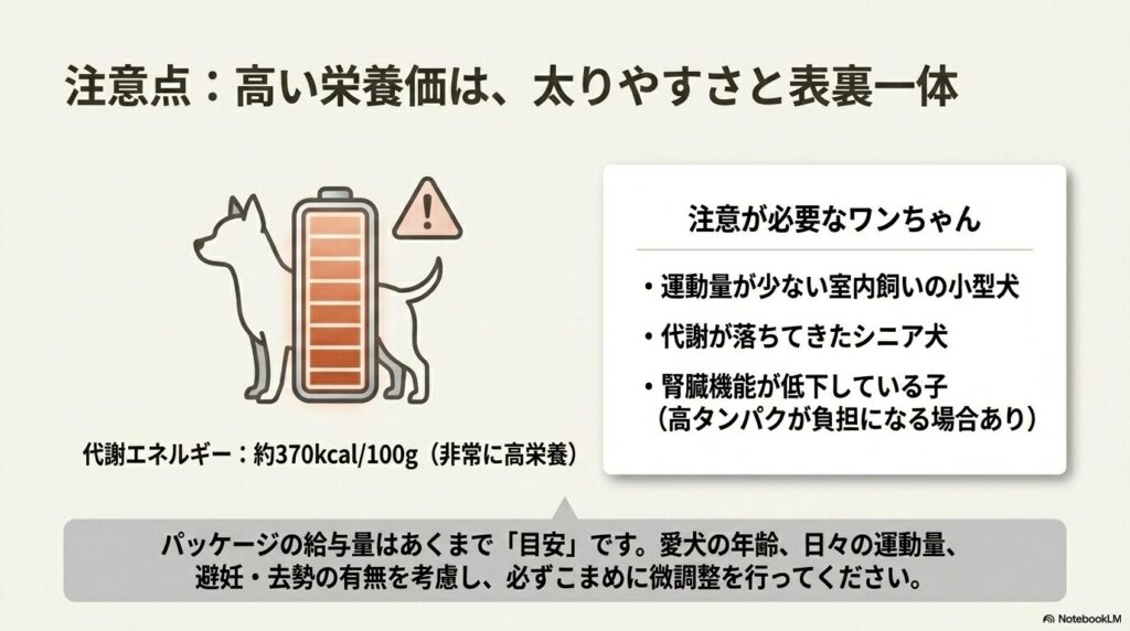 高い栄養価は太りやすさと表裏一体であり、運動量の少ない小型犬や代謝が落ちたシニア犬など、給与量の微調整が必要なワンちゃんのケースをまとめたスライド