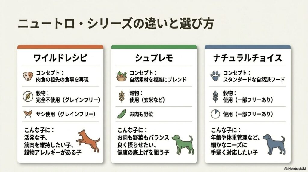 ワイルドレシピ、シュプレモ、ナチュラルチョイスの3シリーズについて、コンセプト、穀物の有無、おすすめのワンちゃんを比較したスライド
