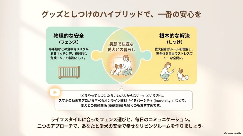 物理的な安全と根本的な解決を組み合わせた笑顔で快適な愛犬との暮らし