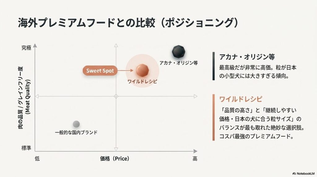 肉の品質やグレインフリー度と価格を軸にして、ワイルドレシピがアカナやオリジンなどの海外プレミアムフードと一般的な国内ブランドの間に位置し、バランスの取れた選択肢であることを示したポジショニングマップ