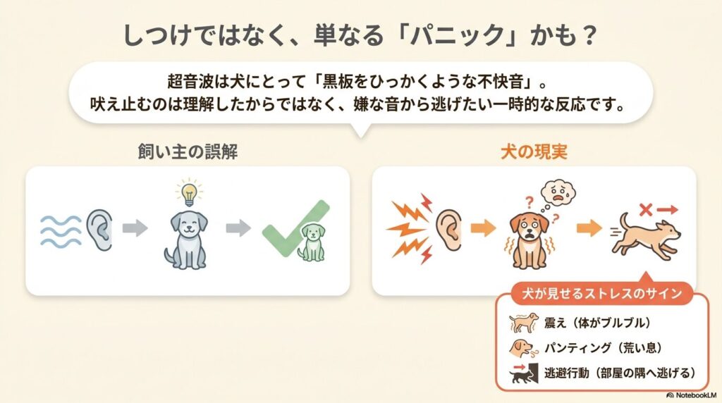 超音波による犬のストレスサイン（震え、パンティング、逃避行動）と、吠え止むのは理解したからではなくパニックによる一時的な反応であることを示す図解