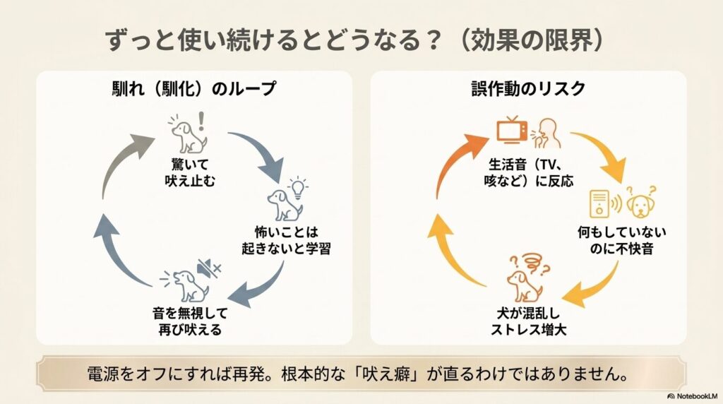 超音波グッズの効果の限界を示す図解。驚いて吠え止むが、怖いことは起きないと学習し、音を無視して再び吠える「馴れのループ」と、生活音による誤作動のリスクを解説