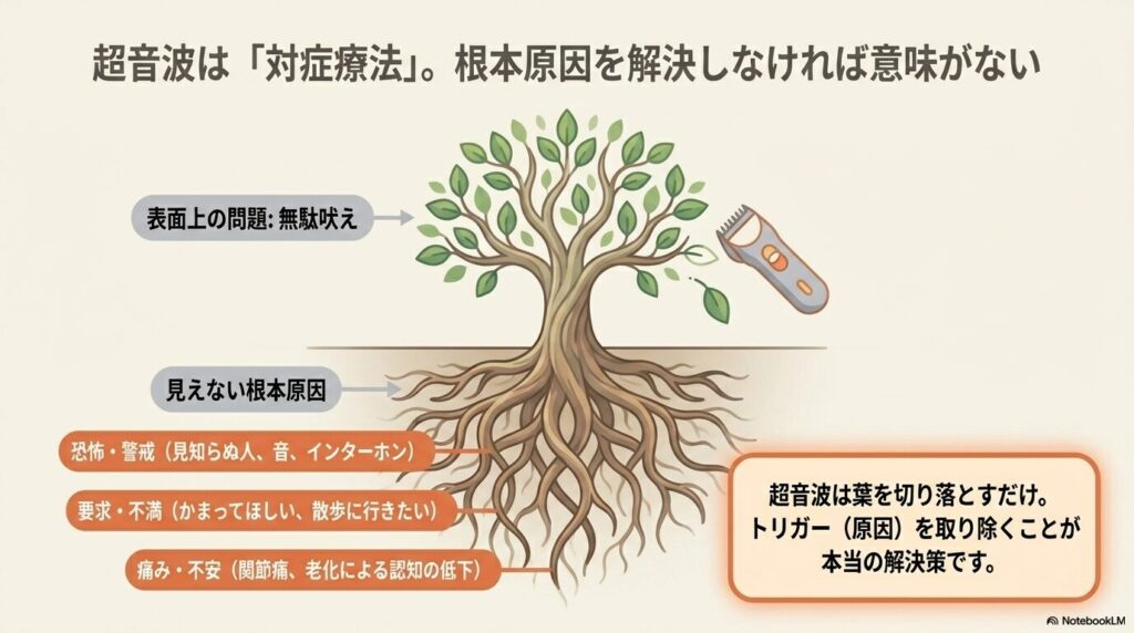 無駄吠えは表面上の問題であり、見えない根本原因として恐怖・警戒、要求・不満、痛み・不安があることを示す図解。トリガーを取り除くことの重要性を解説