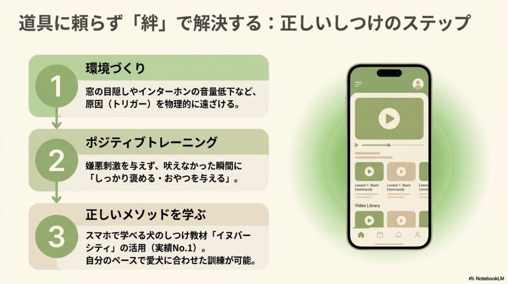 道具に頼らない正しいしつけの3ステップ。1.環境づくり、2.ポジティブトレーニング、3.正しいメソッドを学ぶ（イヌバーシティの活用）の流れを示す図解