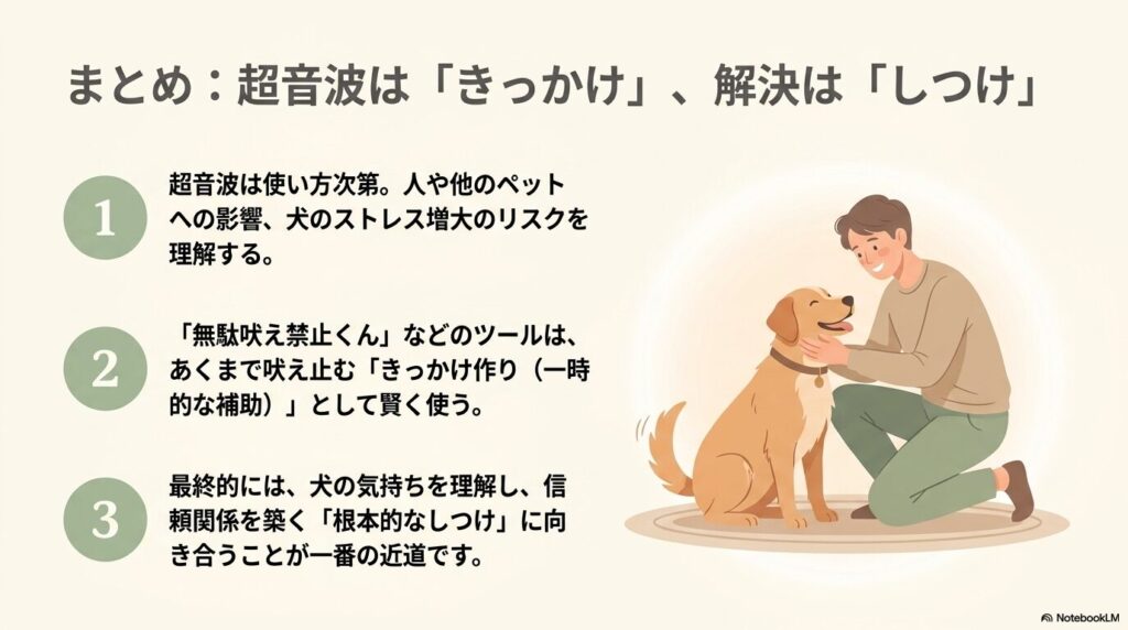記事のまとめ。1.超音波のリスクを理解する、2.きっかけ作りとして賢く使う、3.根本的なしつけに向き合うことが一番の近道であるという結論の図解