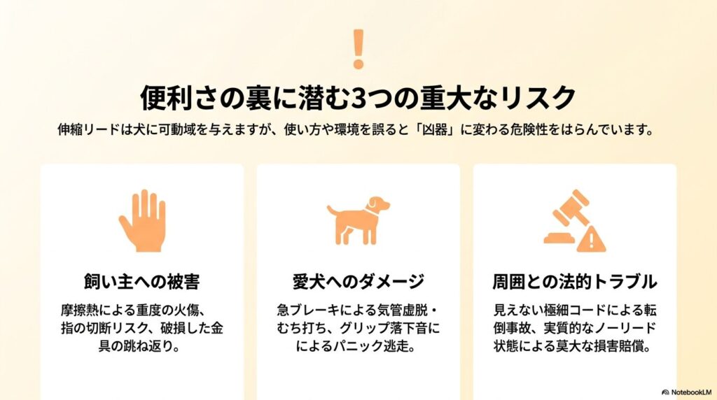 伸縮リードの便利さの裏に潜む3つの重大なリスク(飼い主への被害、愛犬へのダメージ、周囲との法的トラブル)