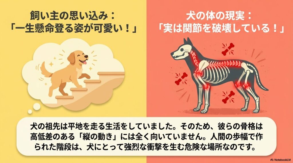 飼い主の思い込みと犬の体の現実。階段昇降は犬の関節に負担をかけることを示す骨格のイラスト