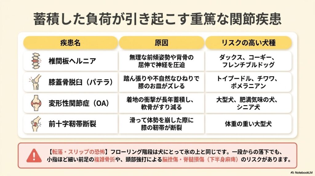 椎間板ヘルニアや膝蓋骨脱臼(パテラ)など、階段昇降の負荷が引き起こす犬の関節疾患とリスクの高い犬種の一覧