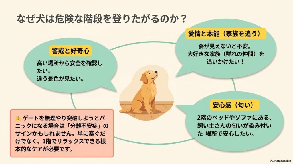 犬が階段を登りたがる理由。警戒と好奇心、愛情と本能、安心感を解説した図解