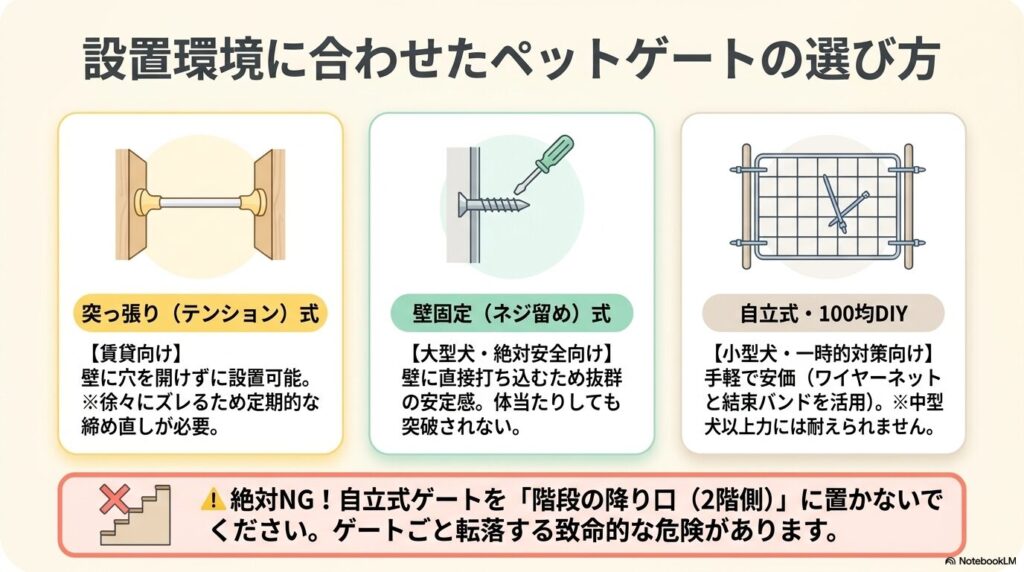 突っ張り式、壁固定式、自立式や100均DIYなど、設置環境に合わせたペットゲートの選び方と注意点