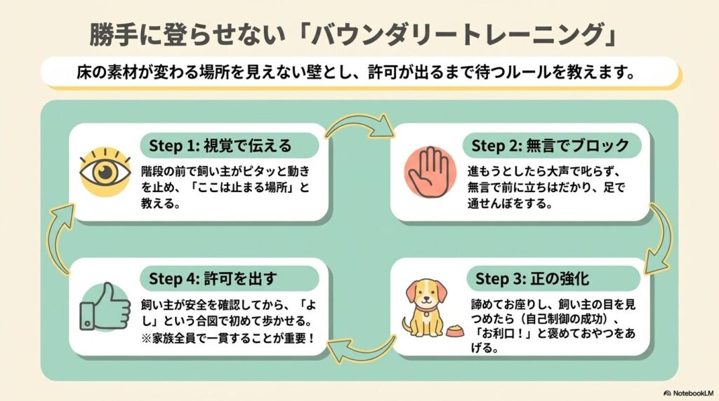 視覚で伝える、無言でブロックなど、犬を勝手に階段に登らせないためのバウンダリートレーニング4つの手順