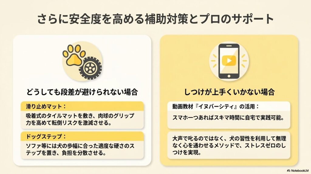 滑り止めマットやドッグステップなどの環境的な補助対策と、動画教材イヌバーシティを活用したしつけサポート