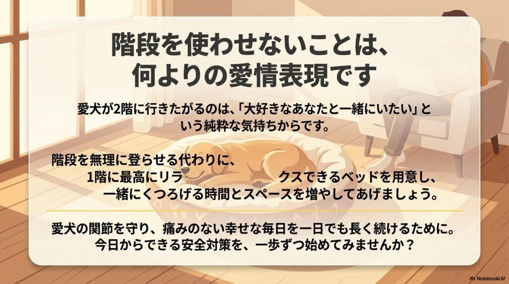 愛犬の関節を守るため、階段を使わせる代わりに1階に快適な居場所を作ることを推奨するメッセージ