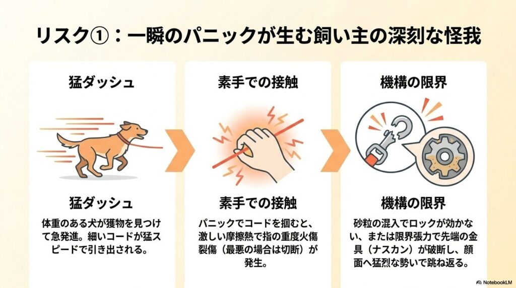 伸縮リードによる飼い主の怪我リスク(猛ダッシュ時の素手での接触や機構の限界による破損)