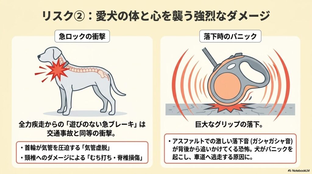 伸縮リードによる愛犬へのダメージ(急ロックの衝撃による気管虚脱やむち打ち、グリップ落下時のパニック)