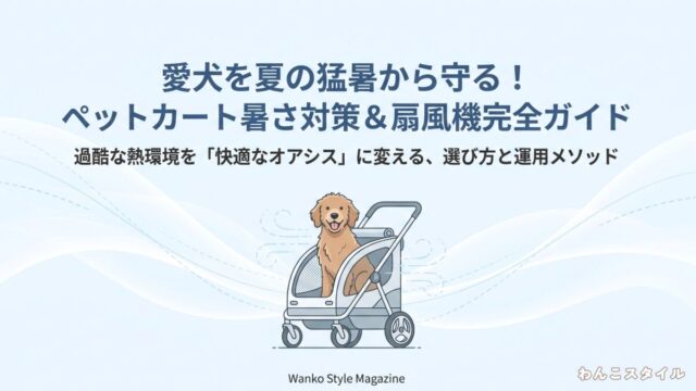 ペットカートに乗る犬のイラストと、地面からの輻射熱や黒い被毛によって熱がこもりやすいカート内の温室状態を解説した図解