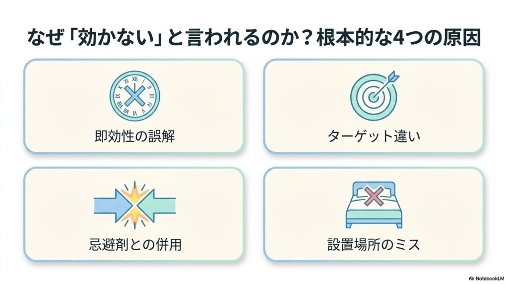 ダニ捕りロボが効かないと言われる原因である、即効性の誤解、ターゲット違い、忌避剤との併用、設置場所のミスの4つを示した図