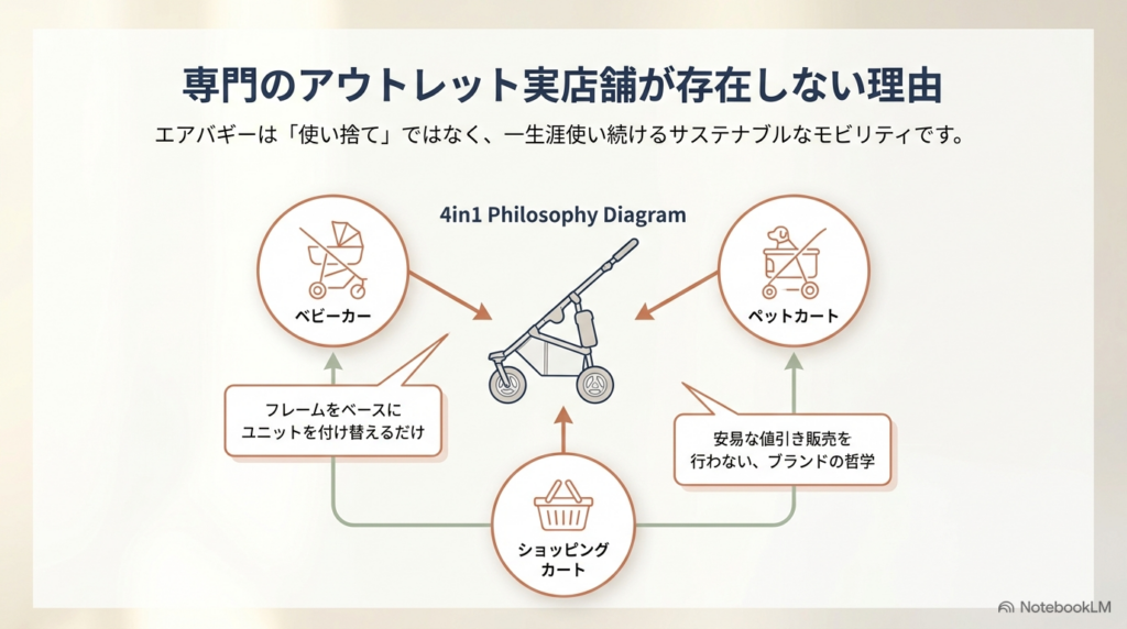 ベビーカーからペットカートに変換できるエアバギーの4in1思想を示す図解