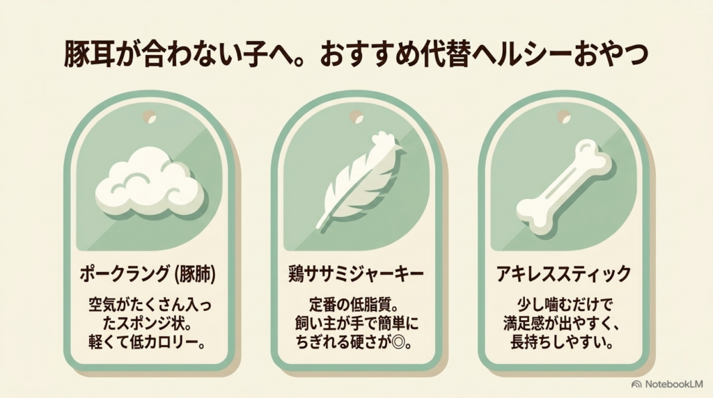豚耳が合わない犬におすすめの、ポークラング(豚肺)、鶏ササミジャーキー、アキレススティックなどの代替ヘルシーおやつ一覧