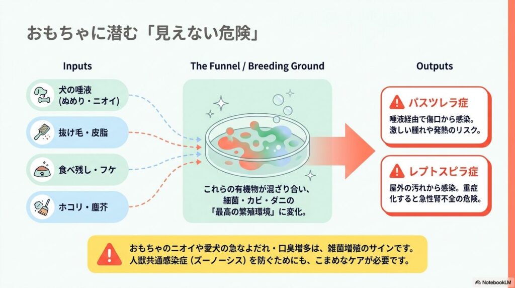 犬のおもちゃに付着する唾液や抜け毛などの汚れが細菌の繁殖環境となり、パスツレラ症やレプトスピラ症などの人獣共通感染症を引き起こすリスクを示した図解