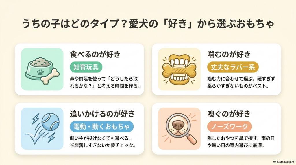 犬の好きな遊び方別のおもちゃの種類。「食べるのが好き（知育玩具）」「噛むのが好き（丈夫なラバー系）」「追いかけるのが好き（電動・動くおもちゃ）」「嗅ぐのが好き（ノーズワーク）」の4タイプに分類した図解。