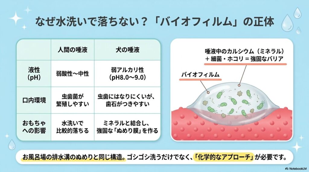 人間の弱酸性の唾液と犬の弱アルカリ性の唾液の比較表、および犬の唾液中のミネラルが細菌と結合して強固なバイオフィルムを作る仕組みのイラスト