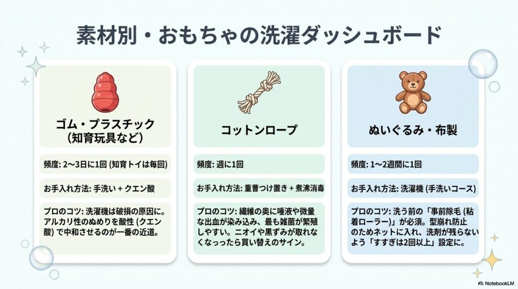 ゴム・プラスチック、コットンロープ、ぬいぐるみなどの犬のおもちゃの素材別に、おすすめの洗浄頻度と手洗いや洗濯機などの具体的なお手入れ方法をまとめたダッシュボード