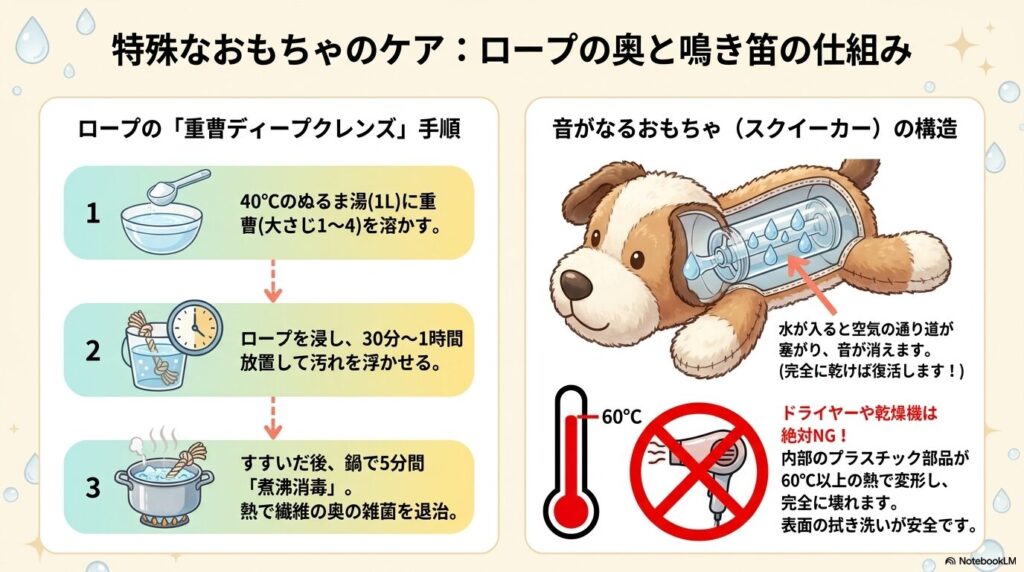 コットンロープを重曹でつけ置き洗いして煮沸消毒する手順と、音が鳴るスクイーカー入りのおもちゃに水が入る仕組みや60度以上の熱風乾燥が変形の原因になることの解説