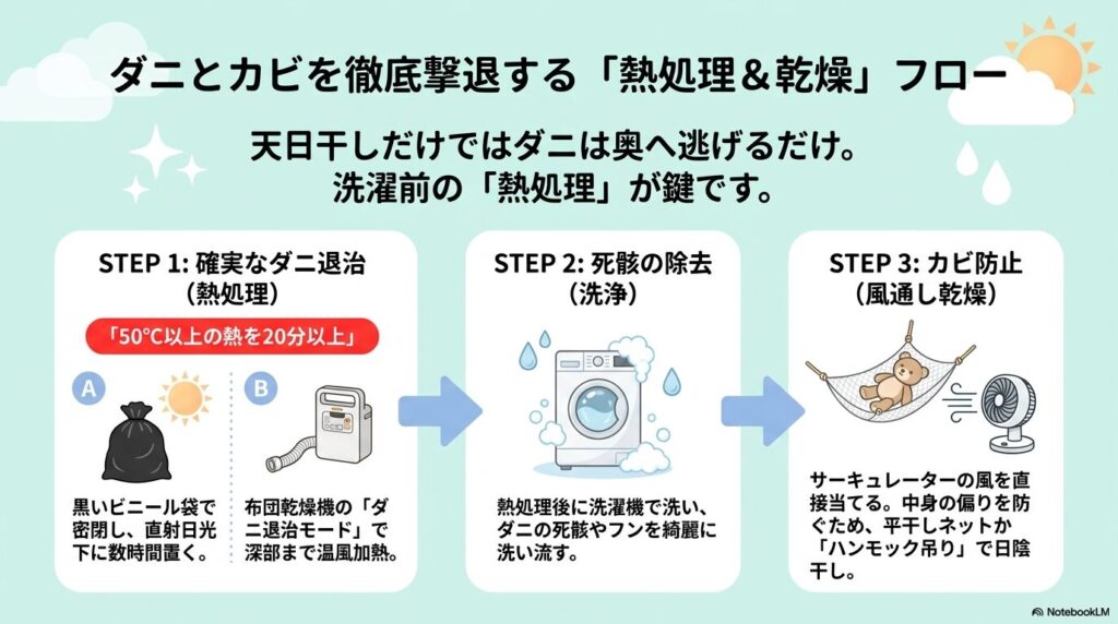 犬のおもちゃのダニを黒ビニール袋や布団乾燥機による50度以上の熱で退治し、洗濯機で洗った後にハンモック干しや扇風機でカビを防ぐ3ステップのフロー