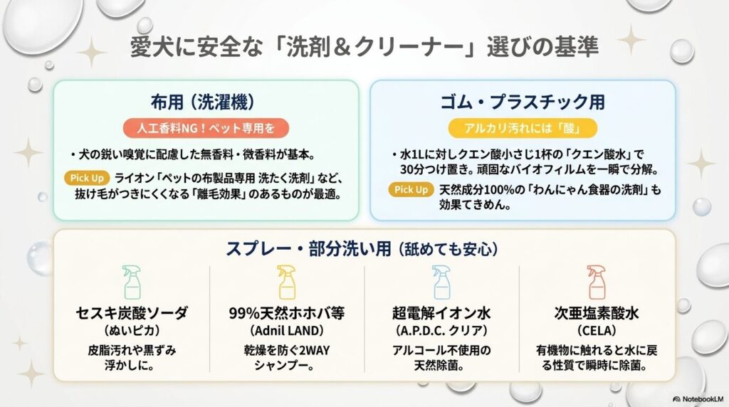 犬の嗅覚に配慮した無香料の布用洗剤やクエン酸を用いたゴム用洗剤、天然由来成分や次亜塩素酸水を使ったスプレーなど、安全なペット用洗剤の選び方と成分一覧