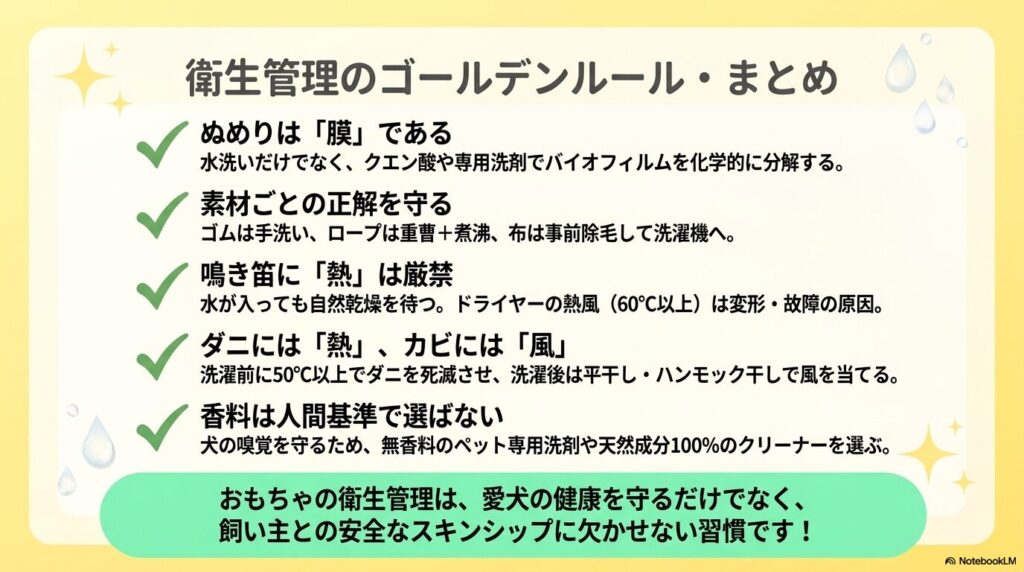 犬のおもちゃのぬめり対策、素材別の洗い方の徹底、鳴き笛への熱風乾燥の禁止、熱と風を使ったダニ・カビ対策、無香料・天然成分の洗剤選びの5つの重要ポイントをまとめたリスト