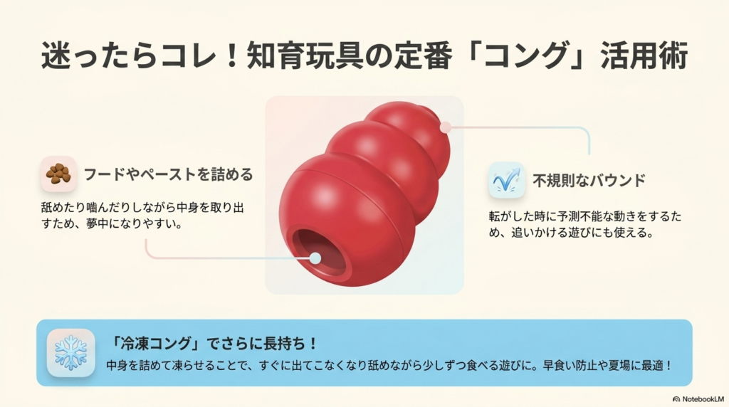 知育玩具コングの活用術。フードやペーストを詰める基本的な使い方から、不規則なバウンドによる遊び、凍らせて長持ちさせる「冷凍コング」のメリットを解説した図解。