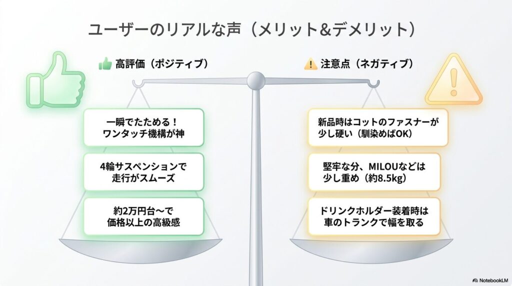 ユーザーのリアルな声として、一瞬でたためる利便性や走行性の高さ（ポジティブな評価）と、ファスナーの硬さや重さなどの注意点（ネガティブな評価）をまとめた図解
