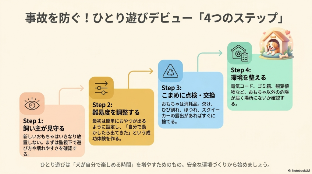 犬のひとり遊びデビューを安全に行う4ステップ。「飼い主が見守る」「難易度を調整する」「こまめに点検・交換」「環境を整える」の流れをまとめた図解。