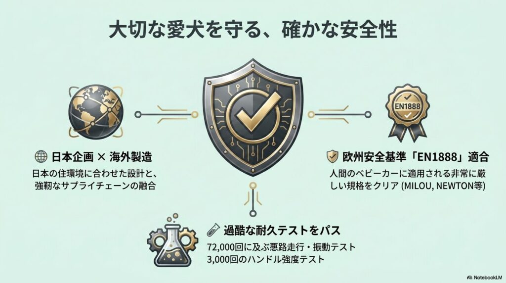 日本企画と海外製造のハイブリッドであること、欧州統一安全規格EN1888に適合していること、過酷な耐久テストをクリアしていることを示す図