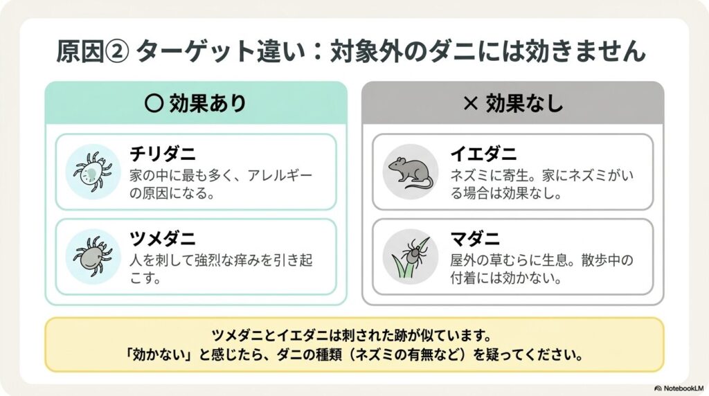ダニ捕りロボはチリダニとツメダニには効果があるが、イエダニとマダニには効果がないことを示す図解