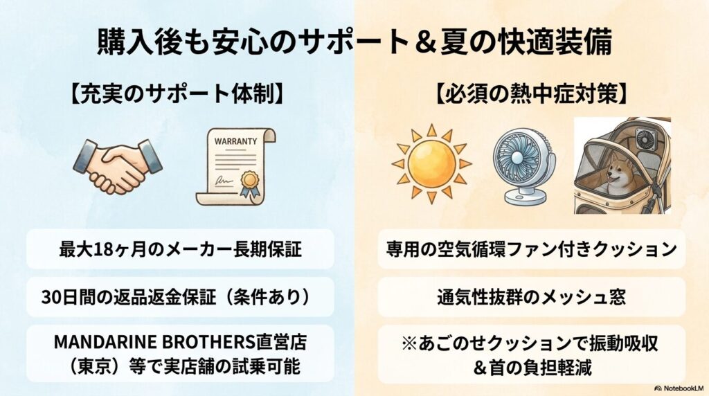最大18ヶ月のメーカー保証や30日間返品返金保証といったサポート体制と、専用ファン付きクッションなどの夏の熱中症対策をまとめた図解