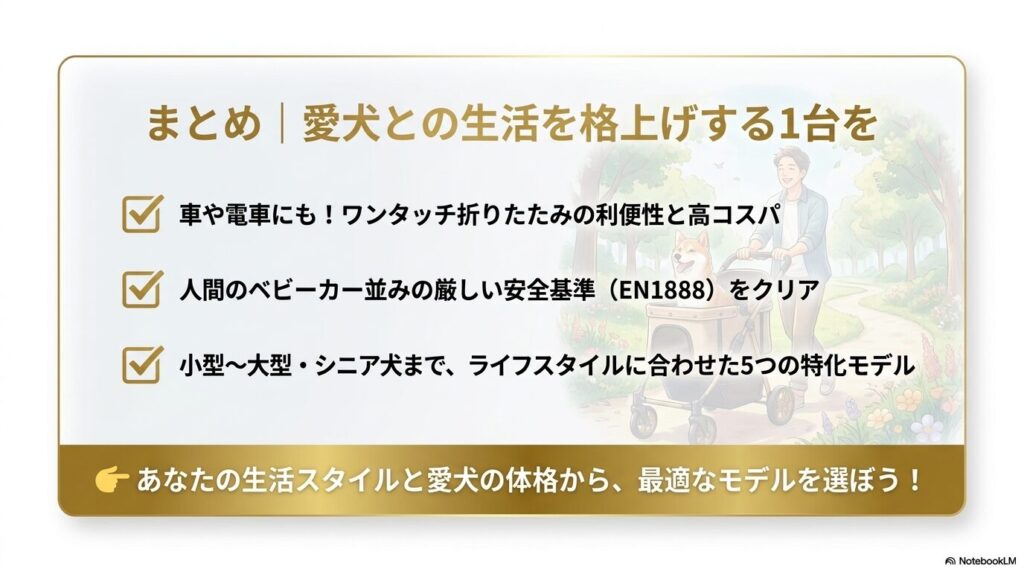 利便性と高コスパ、人間用ベビーカー並みの安全基準クリア、ライフスタイルに合わせた5つの特化モデルというPETTENAの魅力をまとめたチェックリスト画像