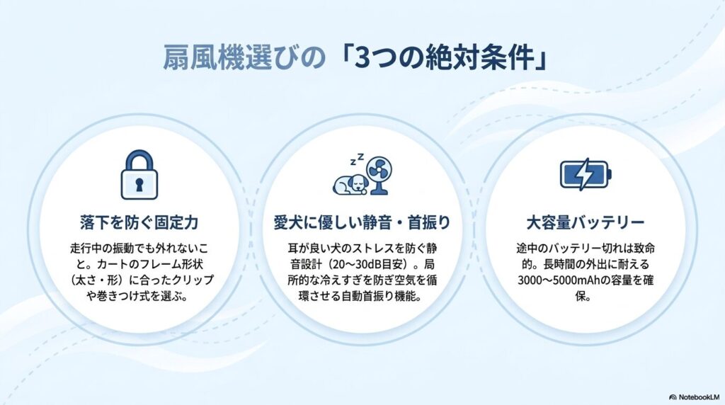 ペットカート用扇風機を選ぶ際に重要な、固定力、静音・自動首振り機能、大容量バッテリーの3つの絶対条件をまとめたスライド