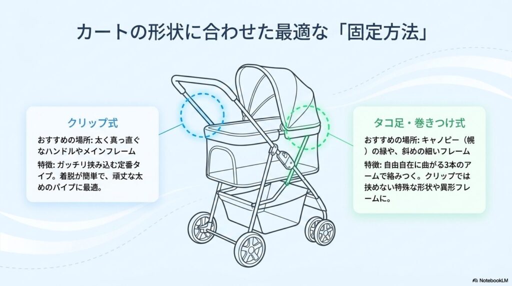 クリップ式と巻きつけ(タコ足)式それぞれに適した、ペットカートのフレーム形状や固定場所を示す図解スライド