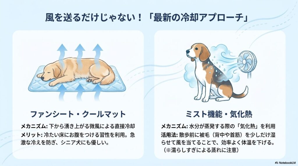 マットの中から風を送るファンシートと、被毛を湿らせて気化熱を利用するミスト機能のメカニズムを図解したスライド