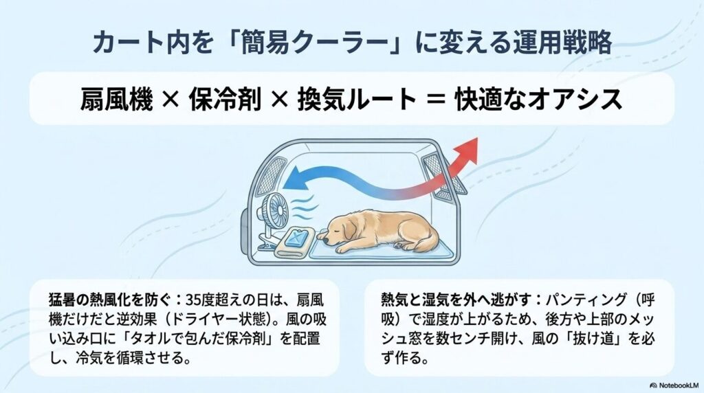 扇風機と保冷剤を組み合わせ、カートのメッシュ窓を開けて熱気と湿気を逃がす換気ルートの作り方を解説した図解スライド
