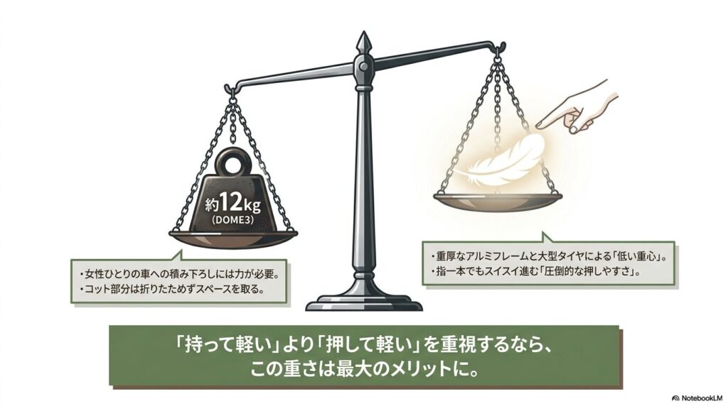 エアバギーのDOME3は約12kg。女性一人の積み下ろしには力が必要だが、重厚なアルミフレームと大型タイヤにより低い重心が保たれ、指一本でも進む圧倒的な押しやすさを実現していることを示す図。