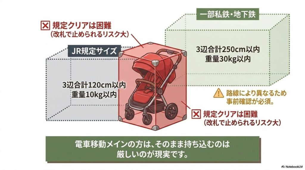 Rの規定サイズ（3辺合計120cm以内、重量10kg以内）と一部私鉄・地下鉄の規定サイズに対し、エアバギーをそのまま持ち込むのは困難であることを示す図。
