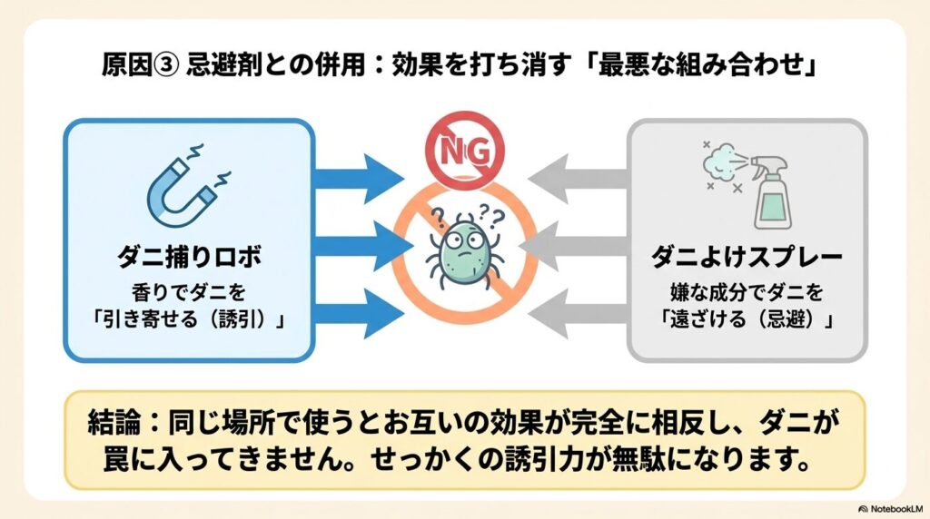 香りでダニを引き寄せるダニ捕りロボと、嫌な成分でダニを遠ざけるダニよけスプレーを併用すると効果が打ち消し合うことを示す図