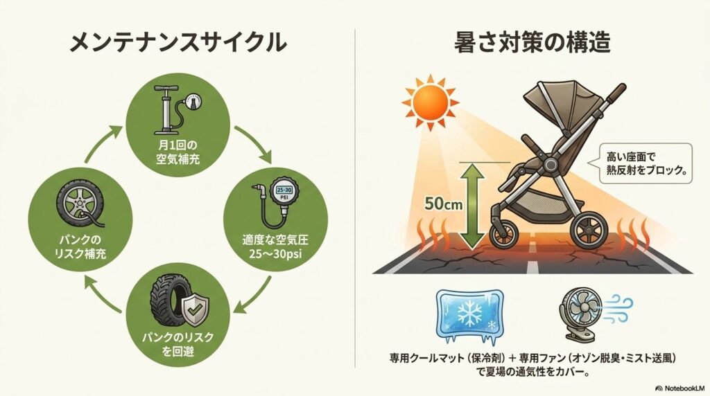 月1回の空気補充や適度な空気圧の維持によるパンク回避のメンテナンスサイクルと、高い座面や専用クールマット・専用ファンを活用した暑さ対策の構造を示す図。