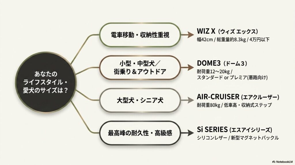 小型・中型犬向け（DOME3）、電車移動・収納性重視（WIZ X）、大型犬・シニア犬向け（AIR-CRUISER）、最高峰の耐久性（Si SERIES）など、ライフスタイルと愛犬のサイズに合わせたエアバギーの選び方チャート。