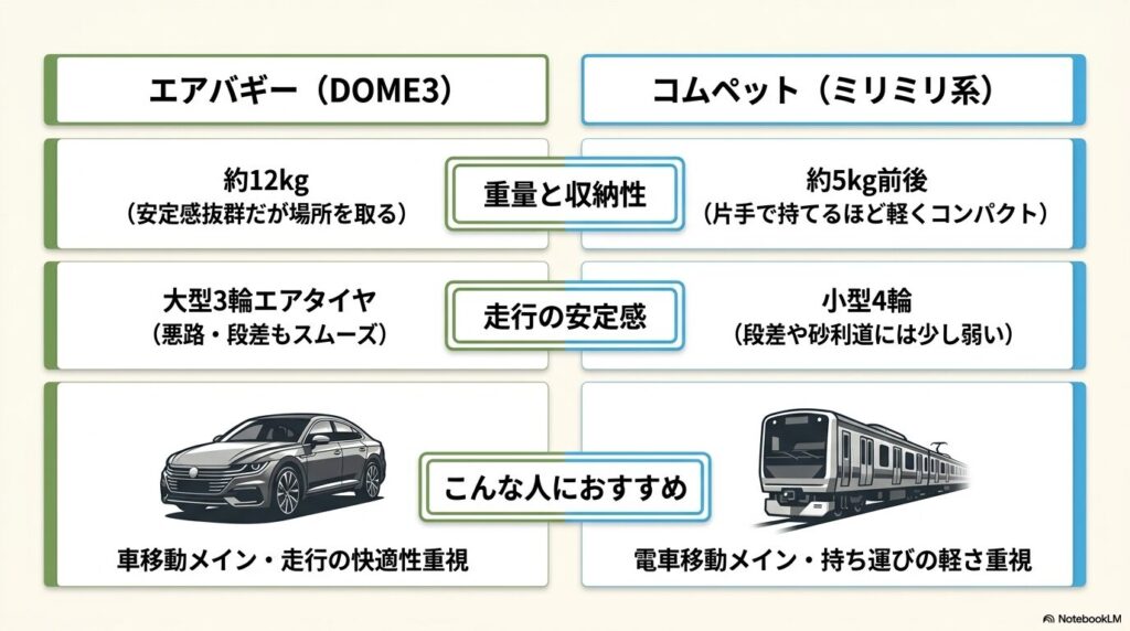 車移動メインで走行の快適性を重視する人向けの約12kgのエアバギーと、電車移動メインで持ち運びの軽さを重視する人向けの約5kgのコムペット（ミリミリ系）の比較図。