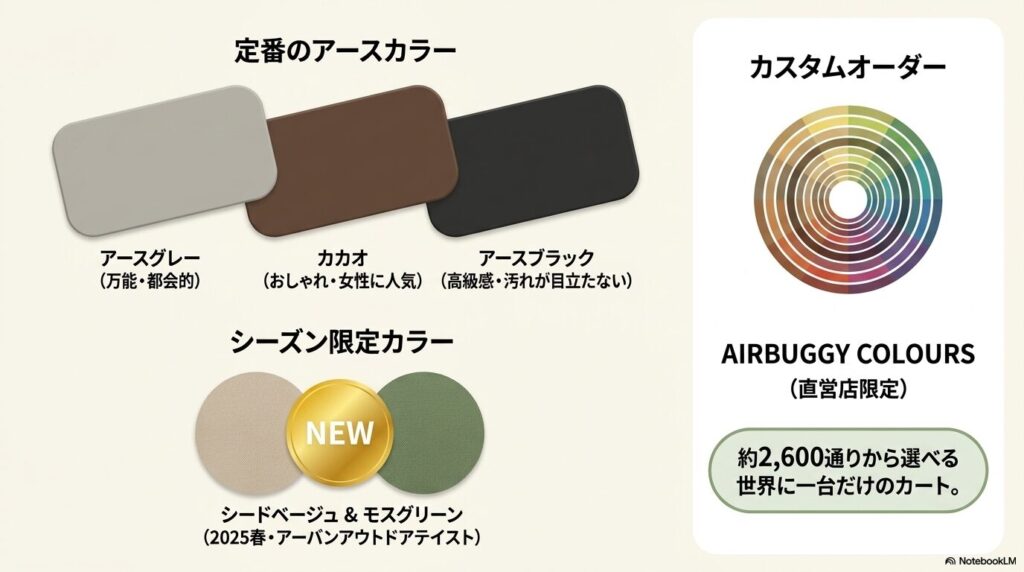 万能なアースグレー、おしゃれなカカオ、高級感のあるアースブラックなどの定番アースカラーや、シーズン限定カラー、約2,600通りから選べるカスタムオーダーの魅力を紹介するカラーチャート図。