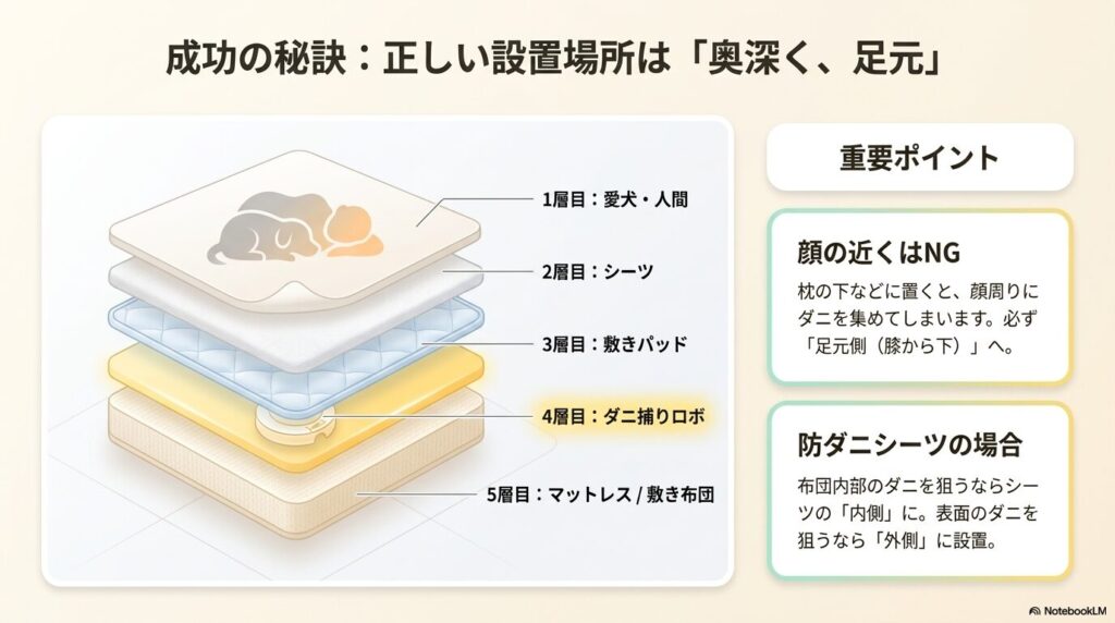 1層目に愛犬・人間、2層目にシーツ、3層目に敷きパッド、4層目にダニ捕りロボ、5層目にマットレスという正しい設置場所の層を示す図解